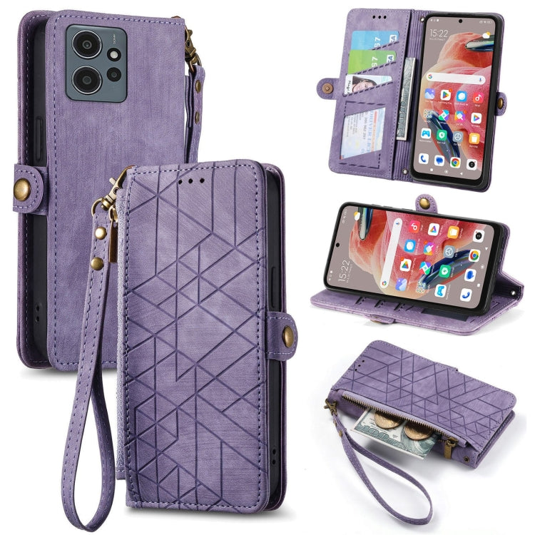 Geometric zipper wallet phone case with wrist strap, purple leather-look with card slots