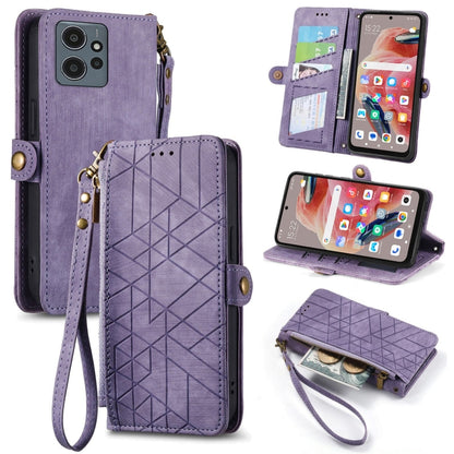 Geometric zipper wallet phone case with wrist strap, purple leather-look with card slots