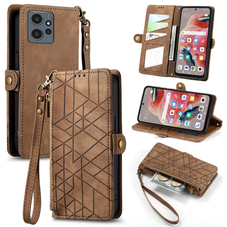 Geometric zipper wallet phone case with wrist strap, brown leather-look with card slots