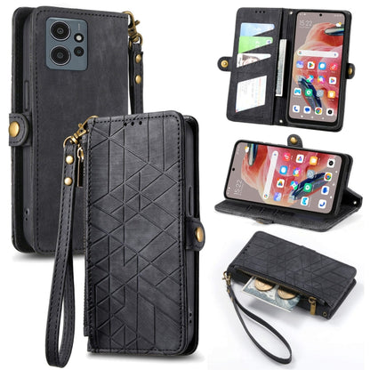 Geometric zipper wallet phone case with wrist strap, black leather-look with card slots