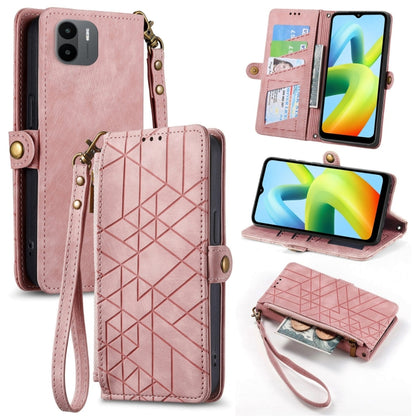 Geometric zipper wallet phone case with wrist strap, pink leather-look with geometric pattern