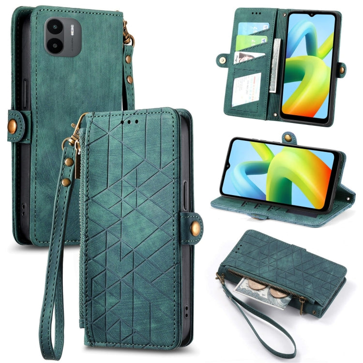 Geometric zipper wallet phone case in teal green with wrist strap and side buckle