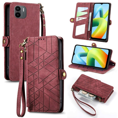Geometric zipper wallet phone case in burgundy red with wrist strap and side buckle