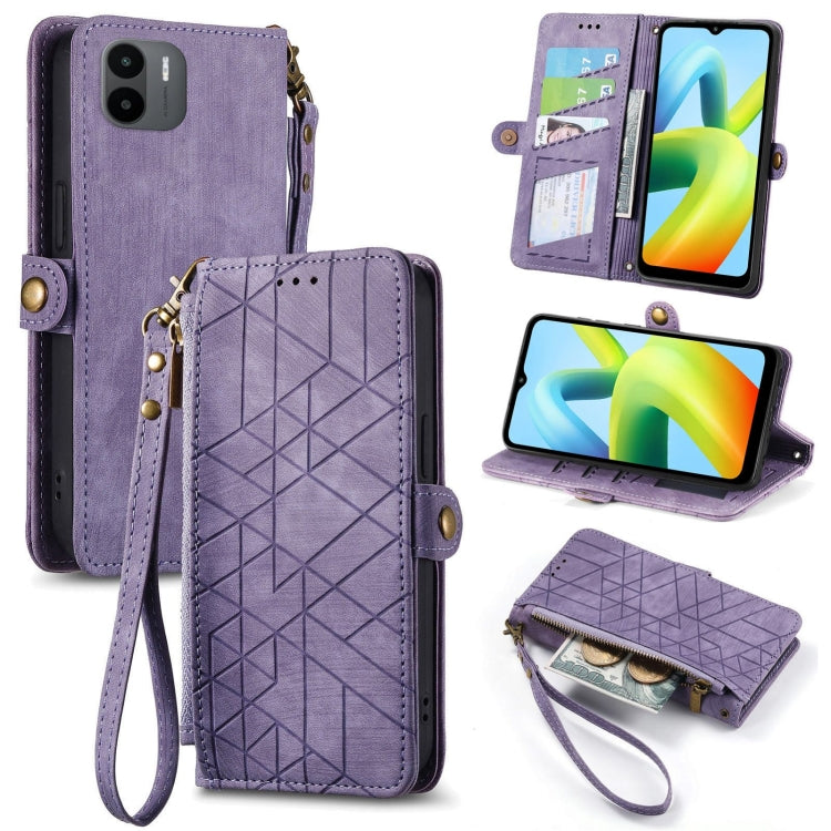 Geometric zipper wallet phone case in lavender purple with wrist strap and side buckle