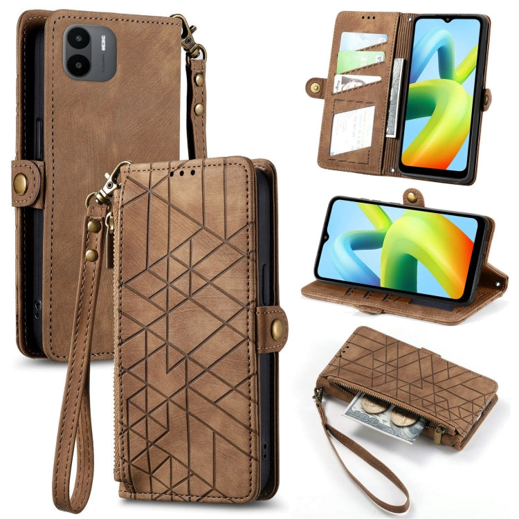 Geometric zipper wallet phone case in brown with wrist strap and side buckle