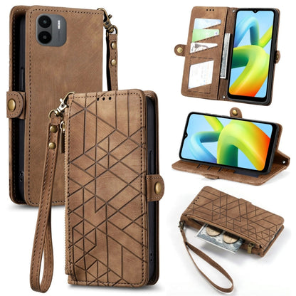 Geometric zipper wallet phone case in brown with wrist strap and side buckle