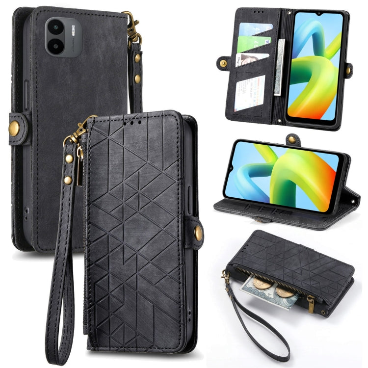 Geometric zipper wallet phone case in black with wrist strap and side buckle