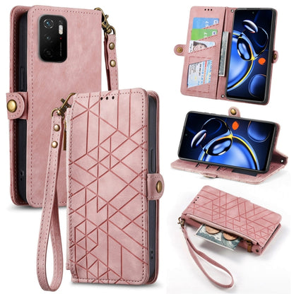 Pink leather wallet phone case with geometric embossed pattern, zipper and wrist strap