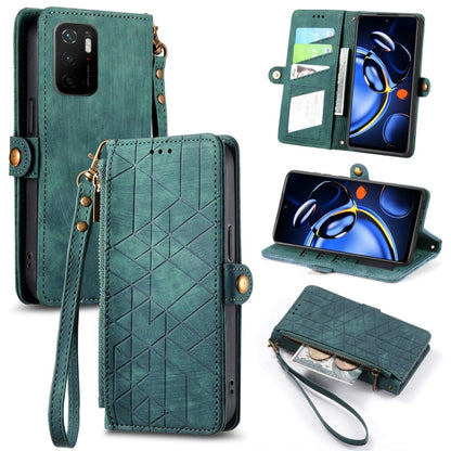 Green leather wallet phone case with geometric embossed design, zipper and wrist strap