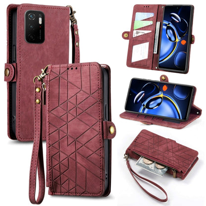 Burgundy leather wallet phone case with geometric pattern, zipper closure and wrist strap