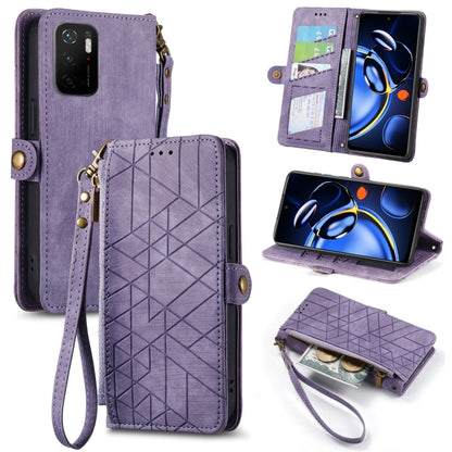 Purple leather wallet phone case with geometric embossed pattern, zipper and wrist strap