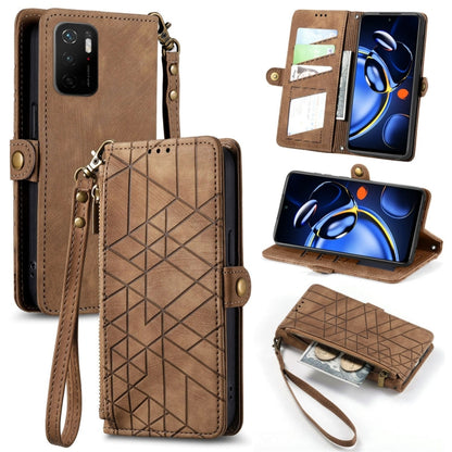 Brown leather wallet phone case with geometric embossed design, zipper closure and wrist strap