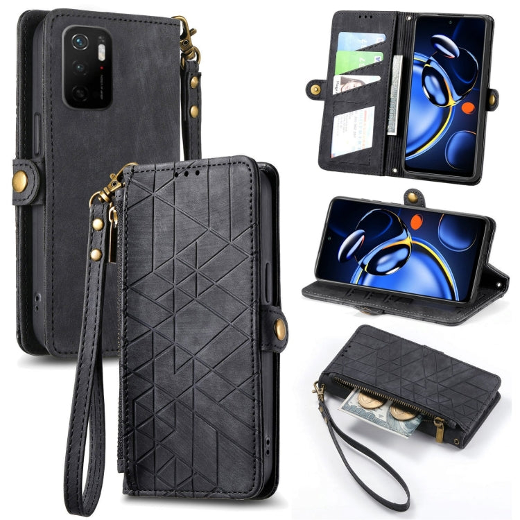 Black leather phone wallet case with geometric pattern, open card slot and zipper