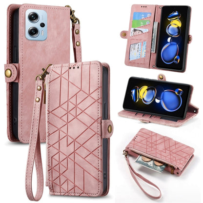 Geometric zipper wallet phone case in light pink with wrist strap and side buckle