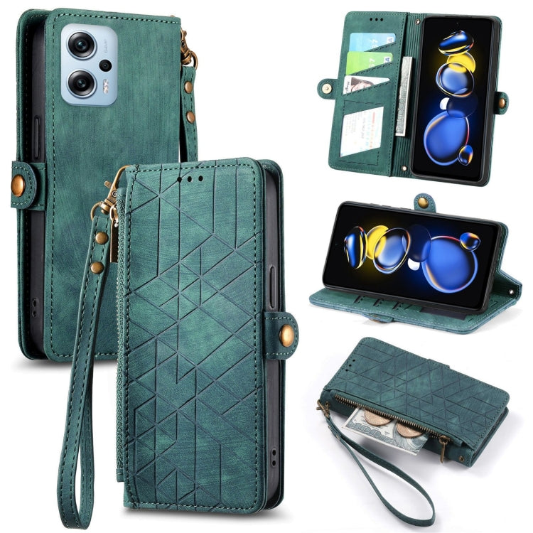 Geometric zipper wallet phone case in deep teal green with wrist strap and side buckle