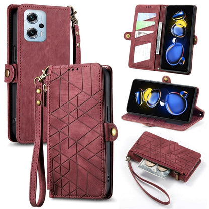 Geometric zipper wallet phone case in deep burgundy with wrist strap and side buckle