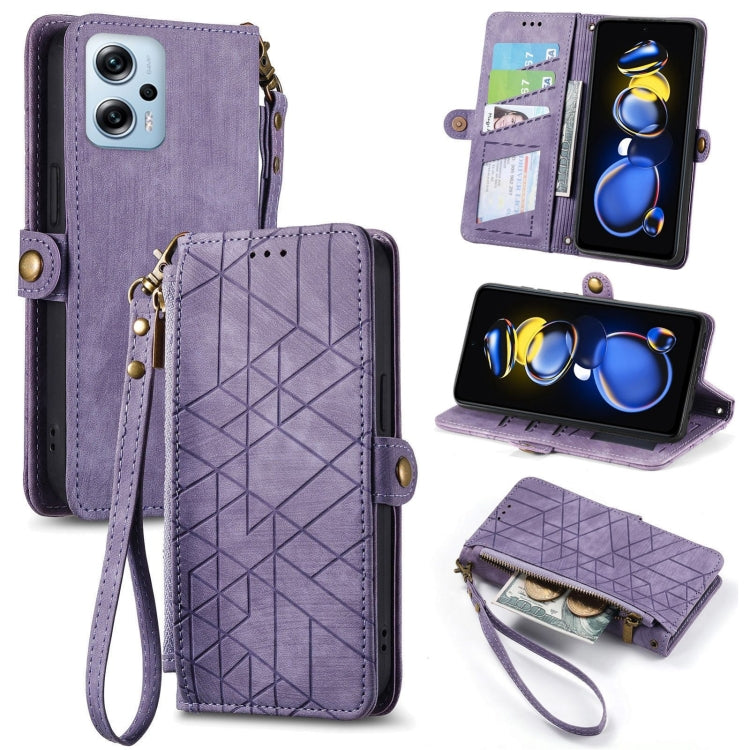 Geometric zipper wallet phone case in muted purple with wrist strap and side buckle