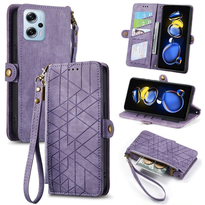 Geometric zipper wallet phone case in muted purple with wrist strap and side buckle