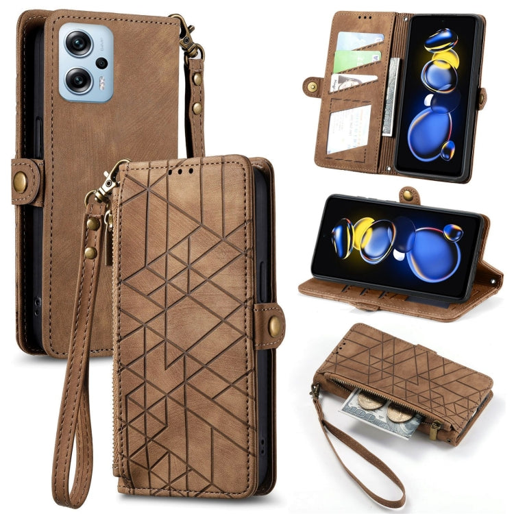 Geometric zipper wallet phone case in tan brown with wrist strap and side buckle