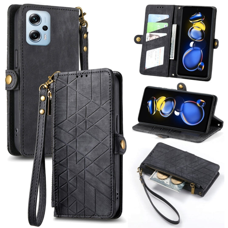 Black leather wallet phone case with geometric pattern, zipper closure and wrist strap
