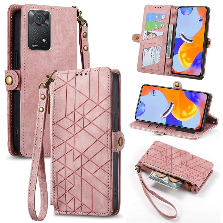 Geometric leather phone wallet case with zipper, side buckle, blush pink; wrist strap included