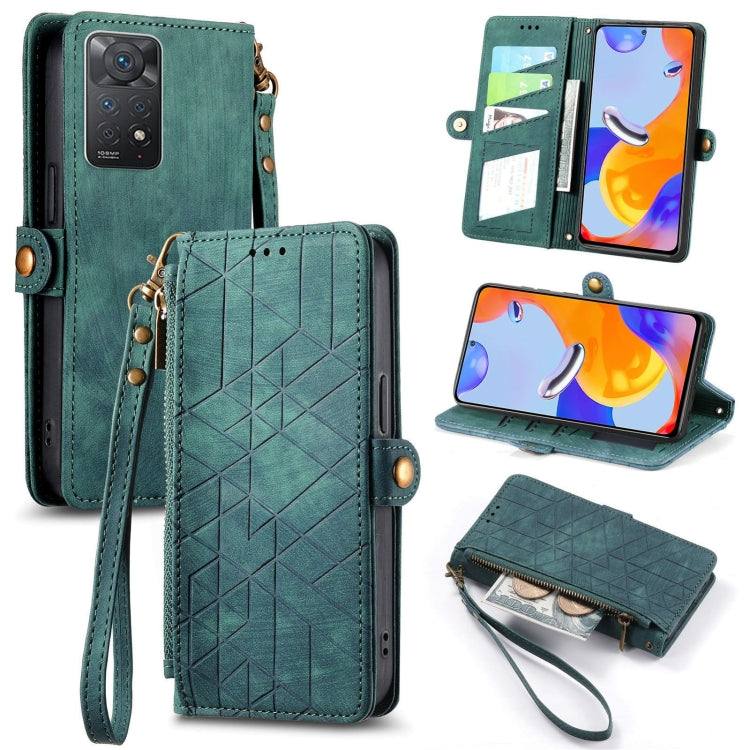 Geometric leather phone wallet case with zipper, side buckle, teal; flip cover open