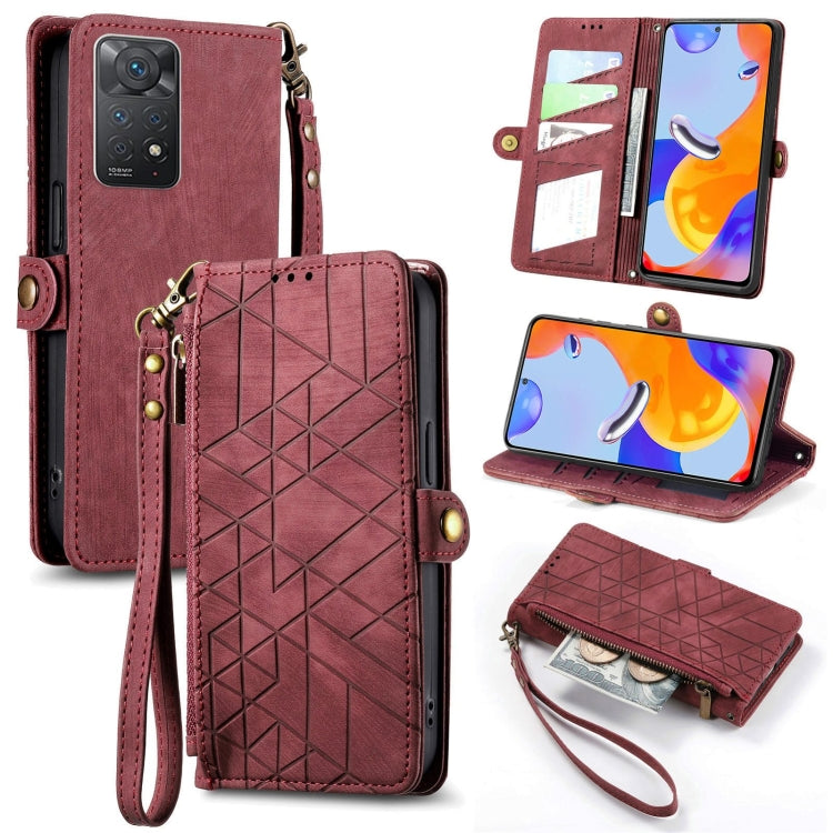 Geometric leather phone wallet case with zipper, side buckle, burgundy; flip cover open