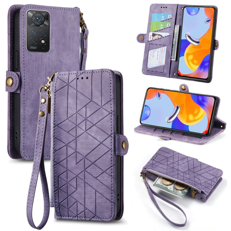 Geometric leather phone wallet case with zipper, side buckle, purple; flip cover open