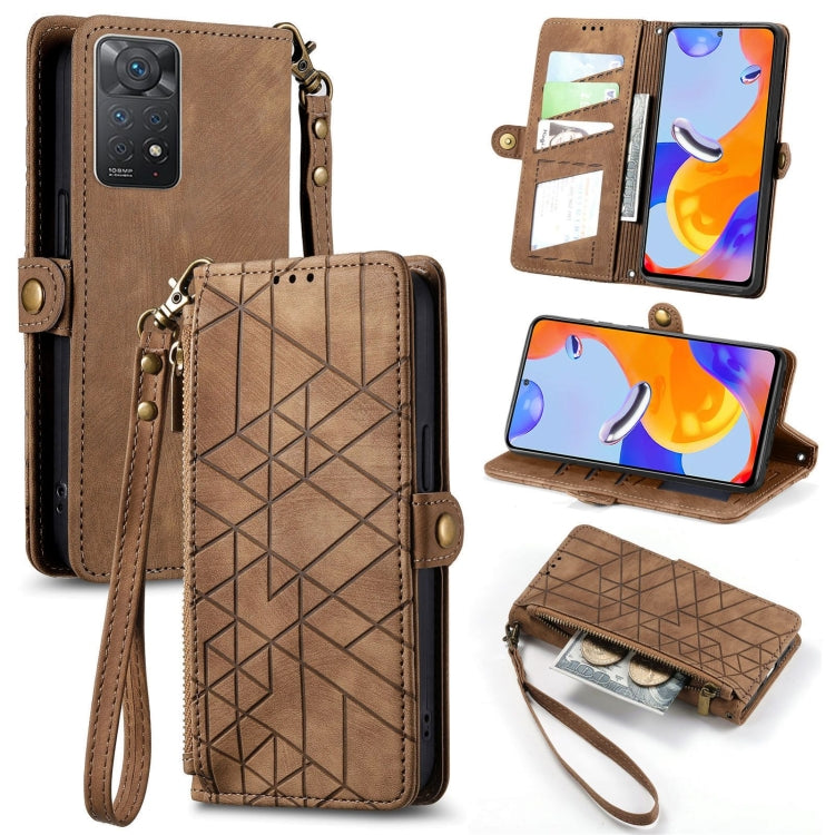 Geometric leather phone wallet case with zipper, side buckle, brown; flip cover open