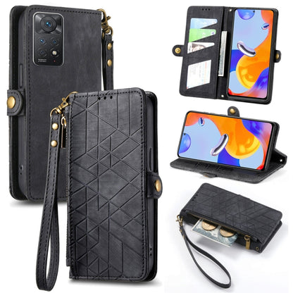 Black geometric zipper wallet phone case with wrist strap, card slots, and buckle closure