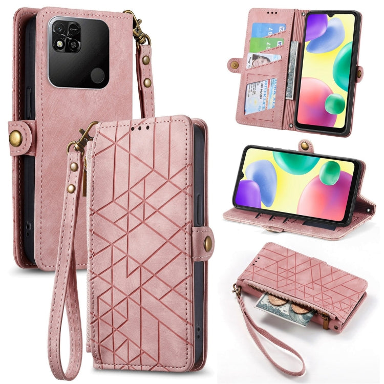 Pink leather phone wallet case with geometric pattern, open card slots and zipper pouch