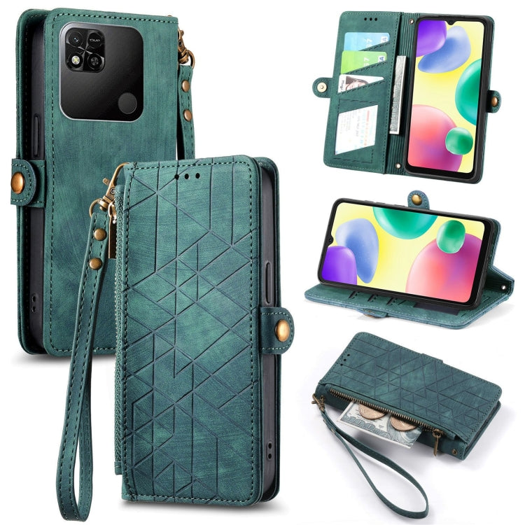 Green leather phone wallet case with geometric pattern, open card slot and wrist strap