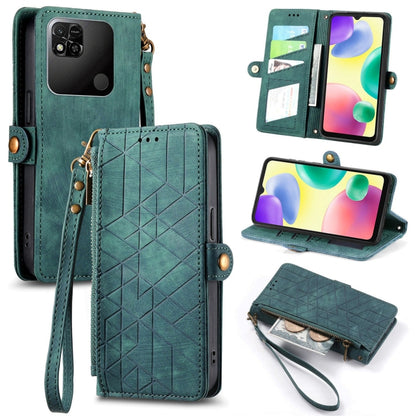 Green leather phone wallet case with geometric pattern, open card slot and wrist strap