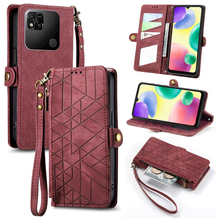 Burgundy leather phone wallet case with geometric pattern, open card slots and zipper pouch