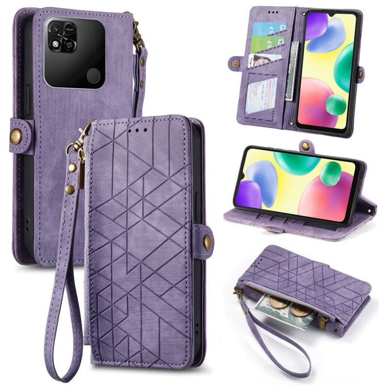 Purple geometric zipper wallet phone case with card slots and wrist strap