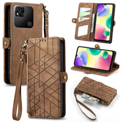 Brown geometric zipper wallet phone case with card slots and wrist strap