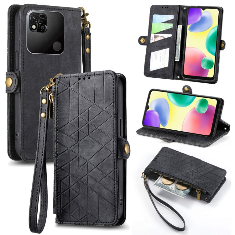 Black geometric zipper wallet phone case with card slots and wrist strap