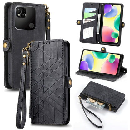 Black geometric zipper wallet phone case with card slots and wrist strap