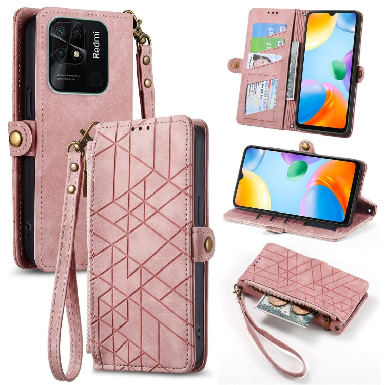 Pink geometric zipper wallet phone case with card slots and wrist strap