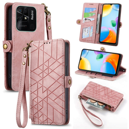 Pink geometric zipper wallet phone case with card slots and wrist strap