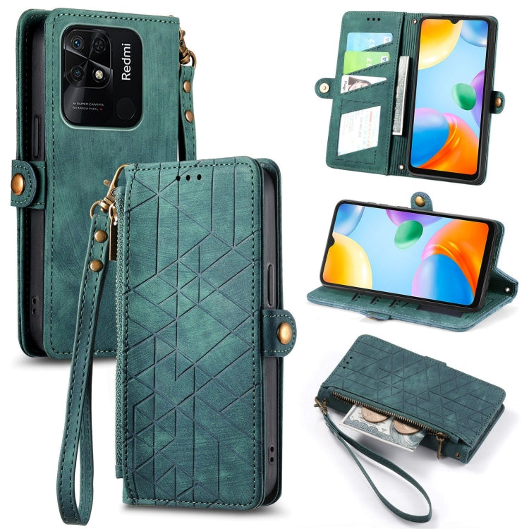 Green geometric zipper wallet phone case with card slots and wrist strap