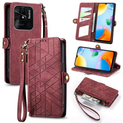 Burgundy geometric zipper wallet phone case with card slots and wrist strap