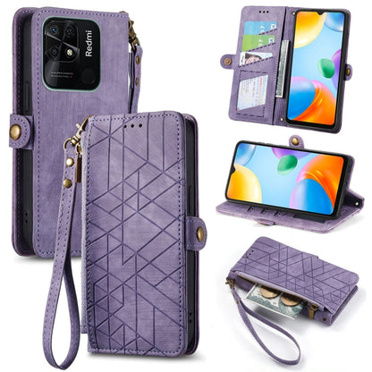 Purple geometric zipper wallet phone case with card slots and wrist strap