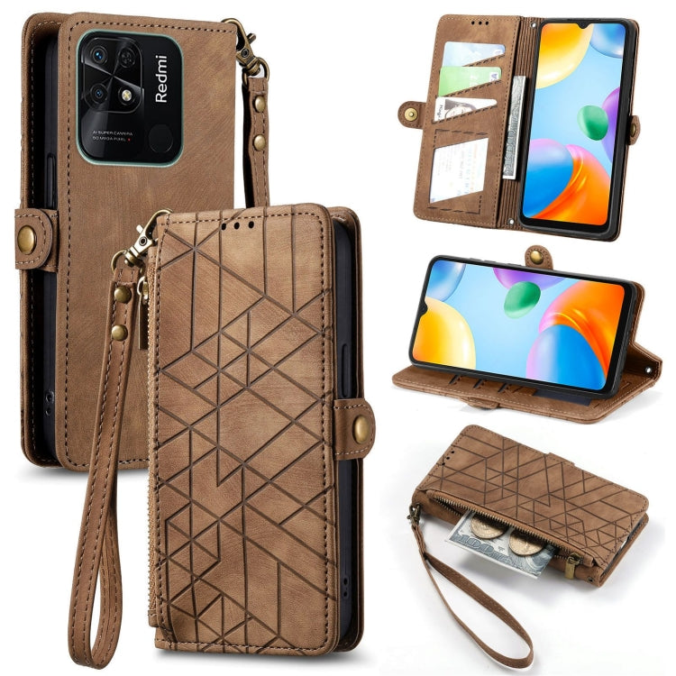 Brown geometric zipper wallet phone case with card slots and wrist strap