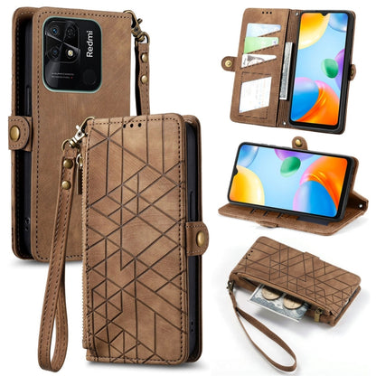 Brown geometric zipper wallet phone case with card slots and wrist strap