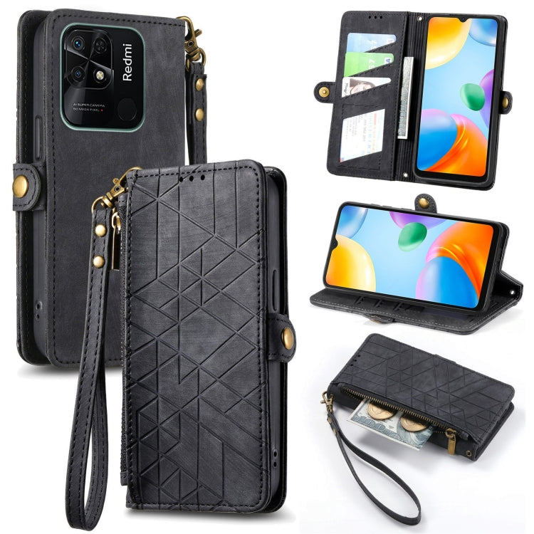 Black geometric zipper wallet phone case with card slots and wrist strap