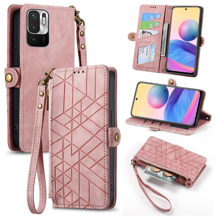 Pink geometric zipper wallet phone case with wrist strap, card slots, and buckle closure