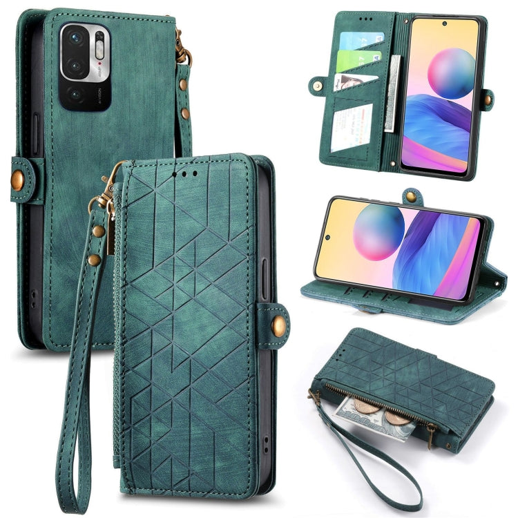 Green geometric zipper wallet phone case with wrist strap, card slots, and buckle closure