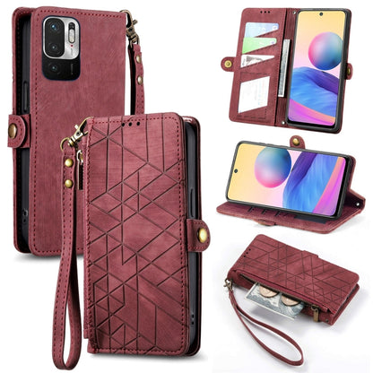 Burgundy geometric zipper wallet phone case with wrist strap, card slots, and buckle closure
