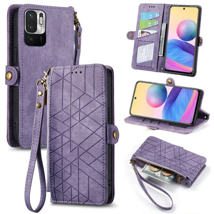 Purple geometric zipper wallet phone case with wrist strap, card slots, and buckle closure